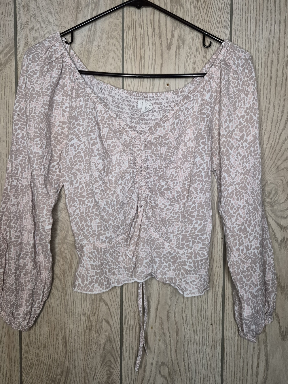 Japna Pink and White Leopard-Print Drawstring Peasant Top
